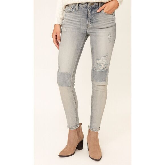 Old Navy Mid Rise Light Wash Distressed Patch Knee Super Skinny Jeans Women 0 - Picture 1 of 9